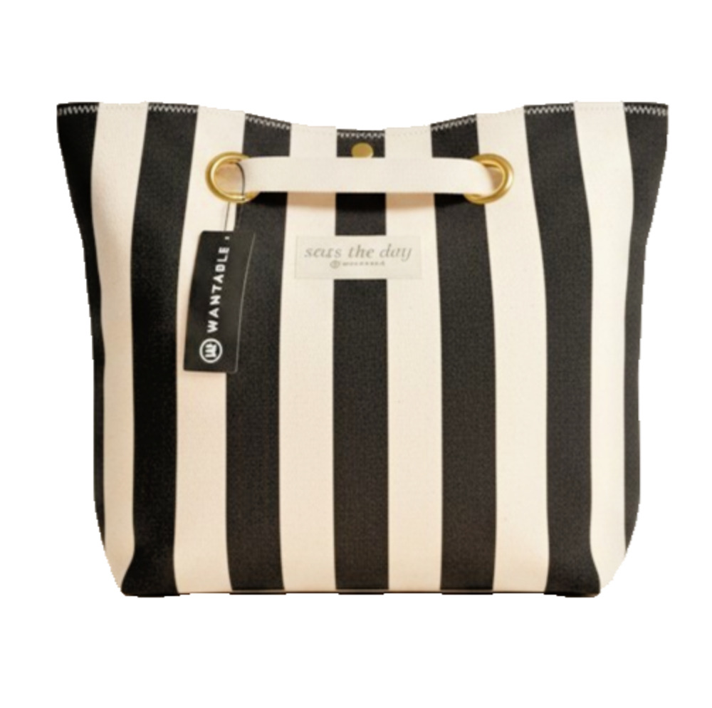 Wantable Seas The Day Large Canvas Beach Tote Bag Beige Black Stripe NWT